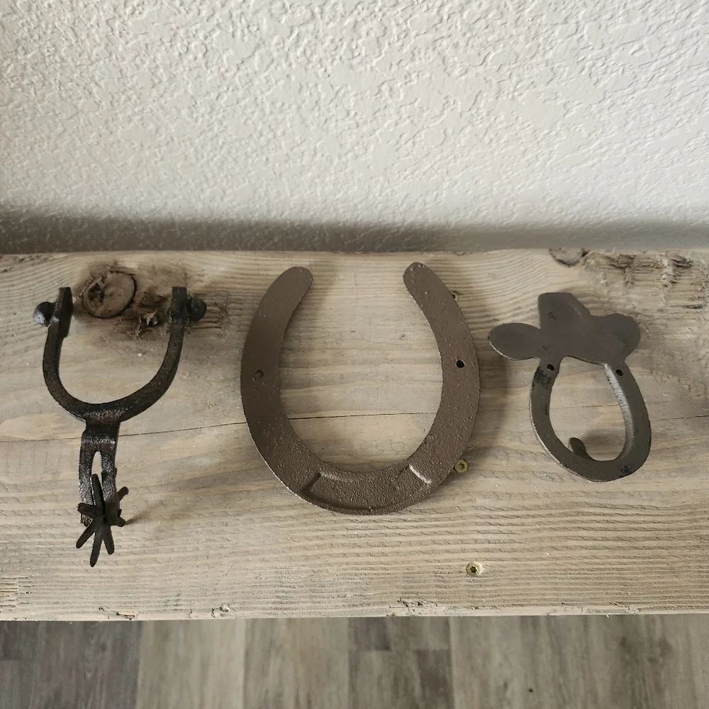 Vintage Lot of 3 Cast Iron Rustic Cowboy Horse Theme Horseshoe Wall Decor